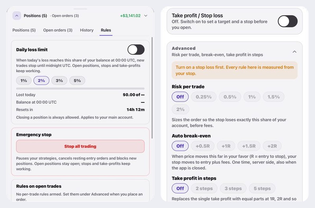 The Rules tab and the Advanced row on the order ticket