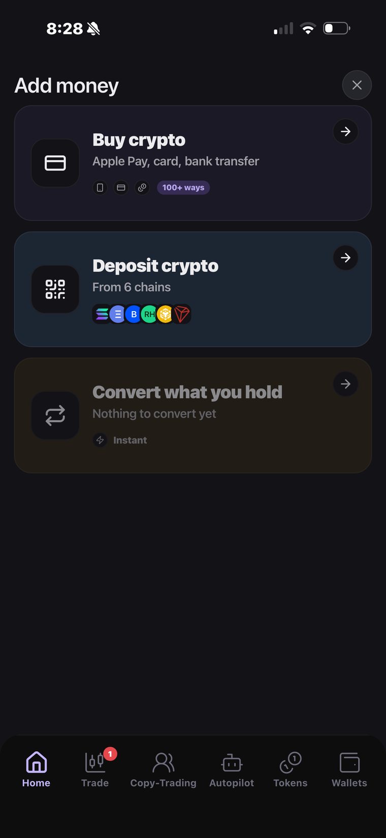 Add money: buy crypto, deposit crypto, or convert what you hold