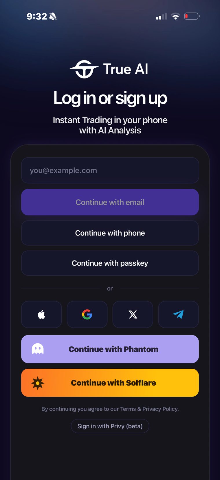 Log in or sign up: email, phone, passkey, Apple, Google, X, Telegram, Phantom and Solflare