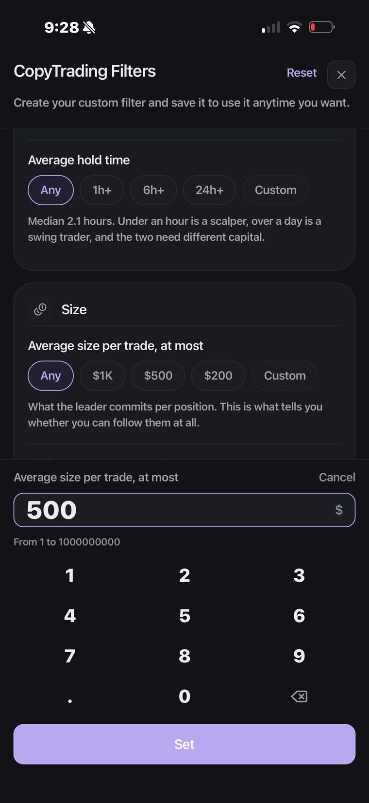 Hold time and size filters with a custom value being typed
