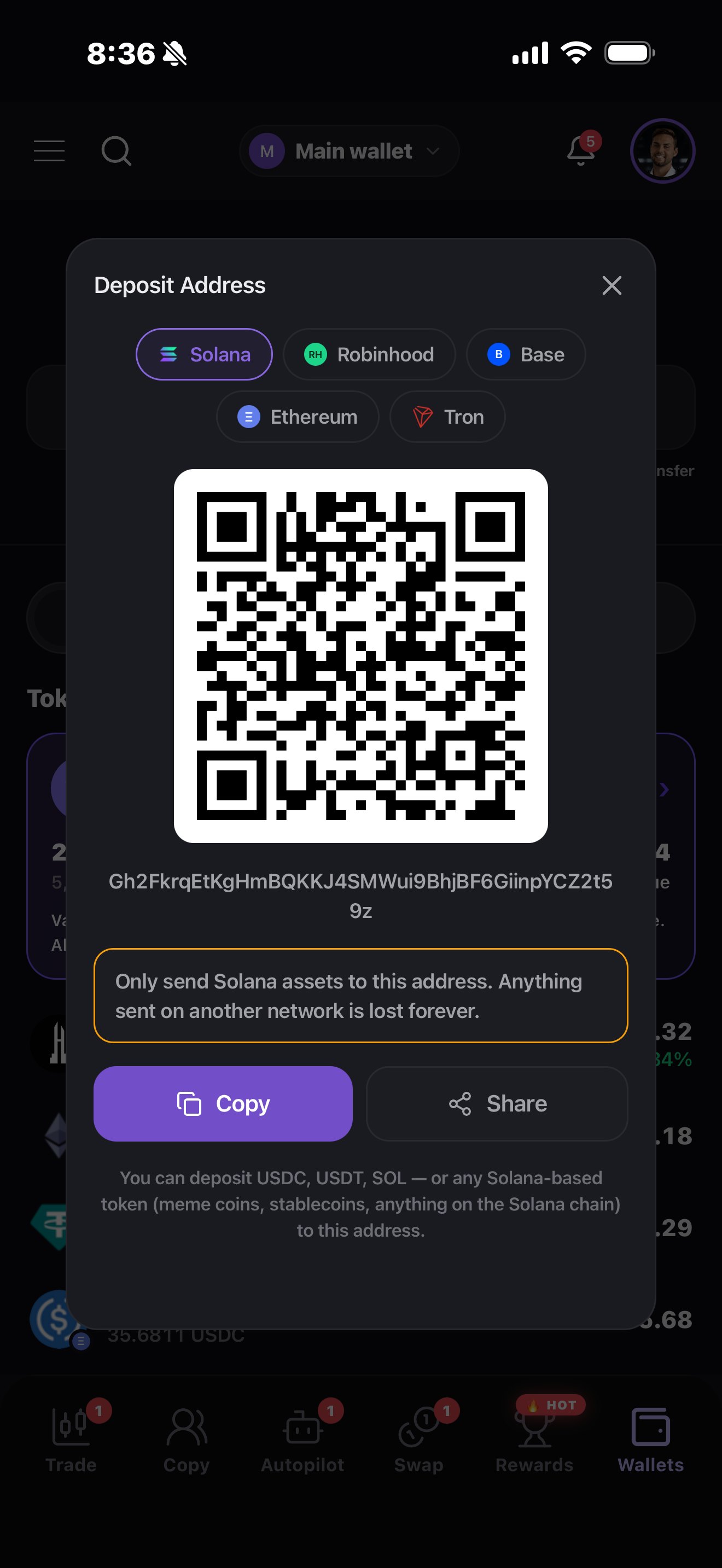 Deposit address on the app: one wallet, five chains (Solana, Robinhood, Base, Ethereum, Tron), QR code and copy