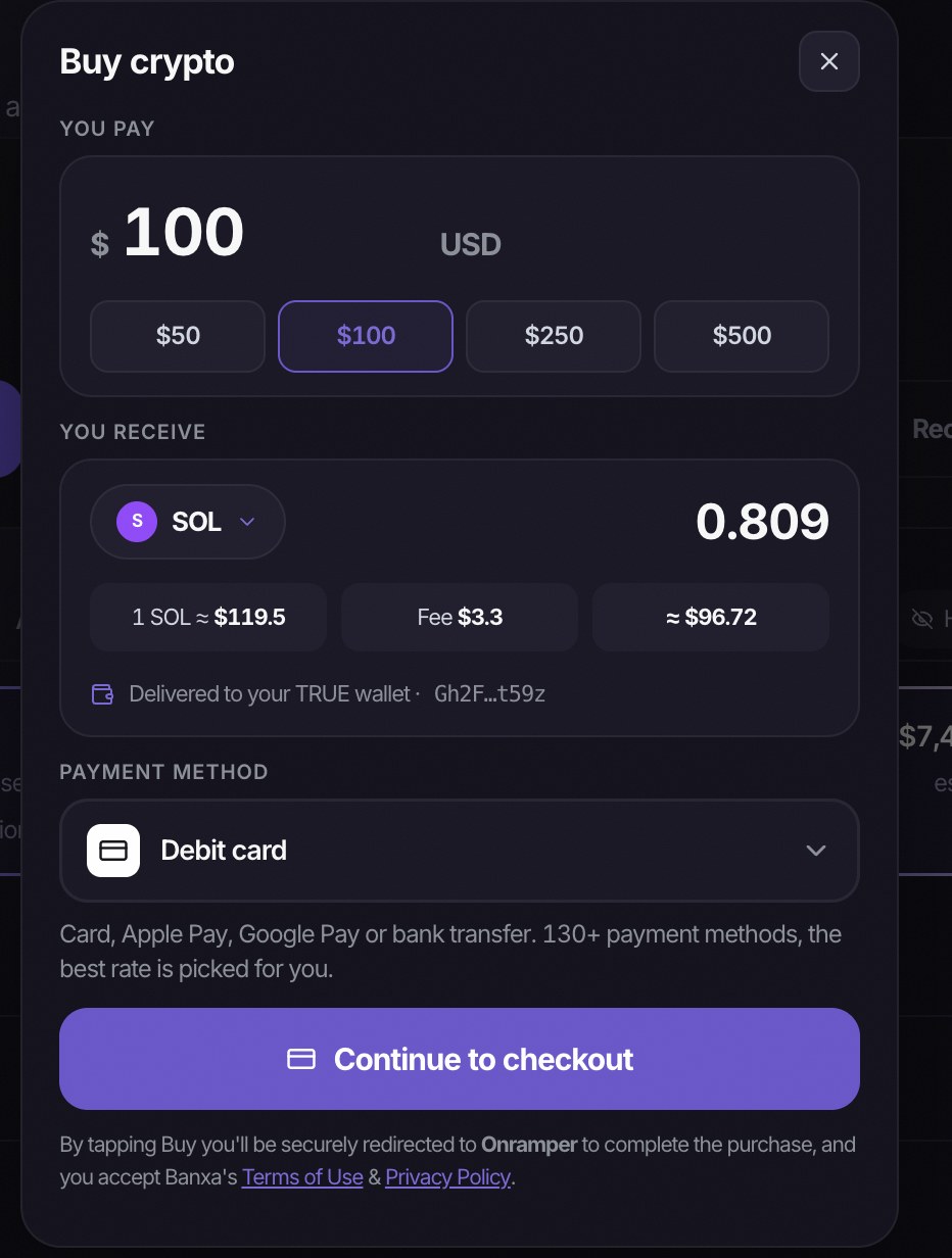 Buy crypto on web: you pay, you receive, fee and rate visible, 130+ payment methods