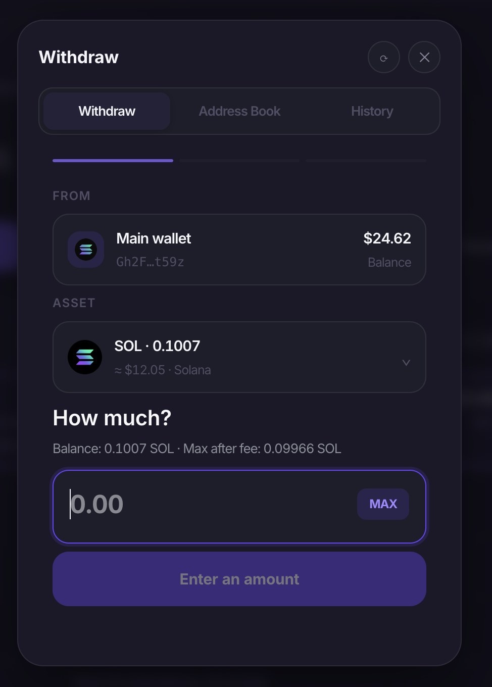 Withdraw on web: from, asset, how much, with the max after fee shown before you confirm
