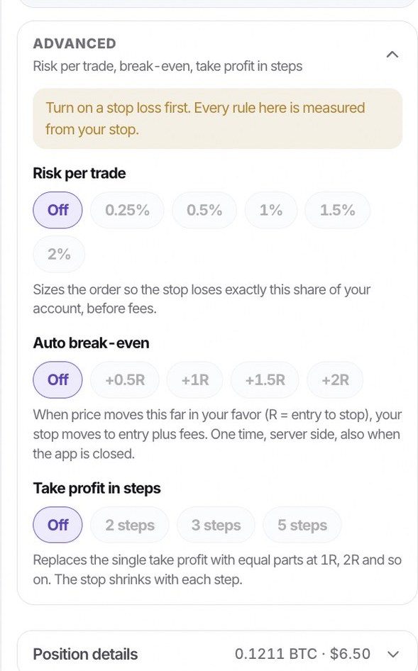 The Advanced panel on the order ticket: risk per trade, automatic break even and take profit in steps.