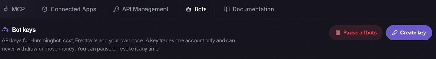 The Bots tab: bot keys for Hummingbot, ccxt, Freqtrade and your own code, with Pause all bots and Create key.