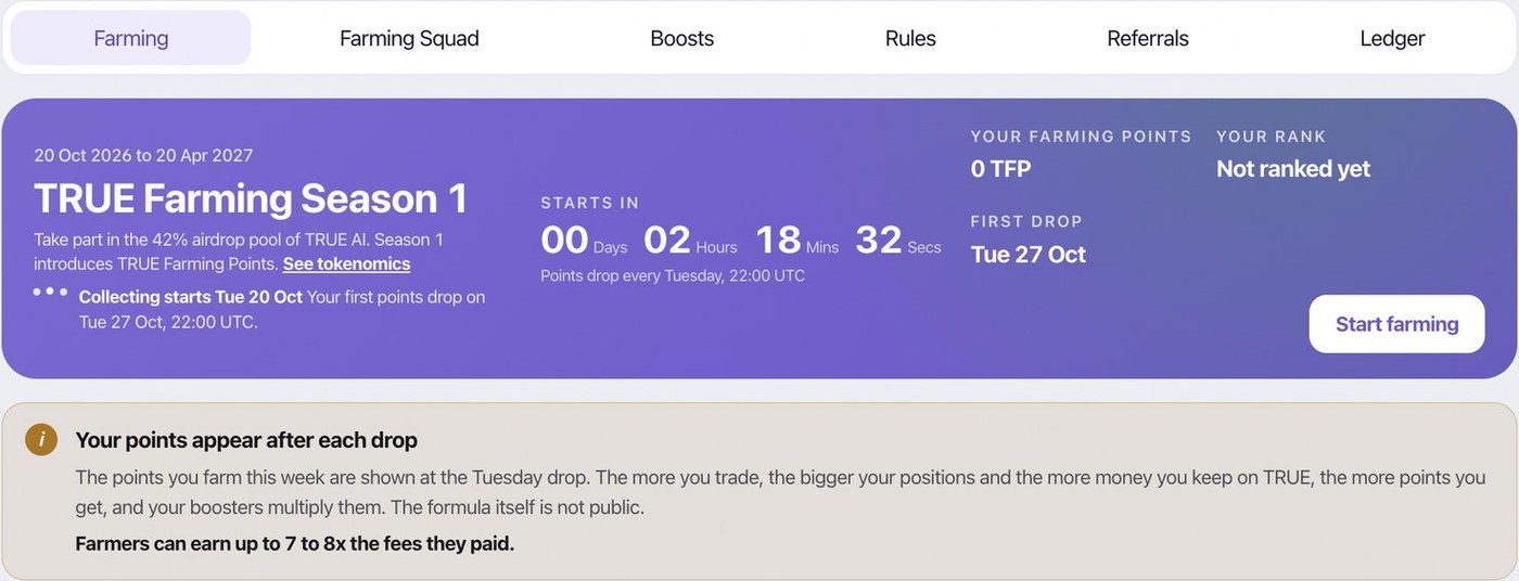 TRUE Farming Season 1 on the Farming tab: the season dates, the countdown to the first drop, your points and your rank.
