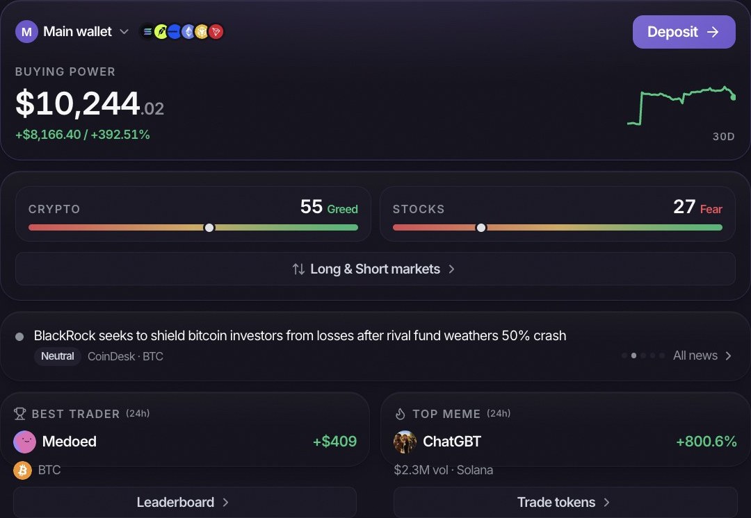 The new home screen: buying power, crypto and stock market mood, live news, the best trader and the top memecoin of the day.