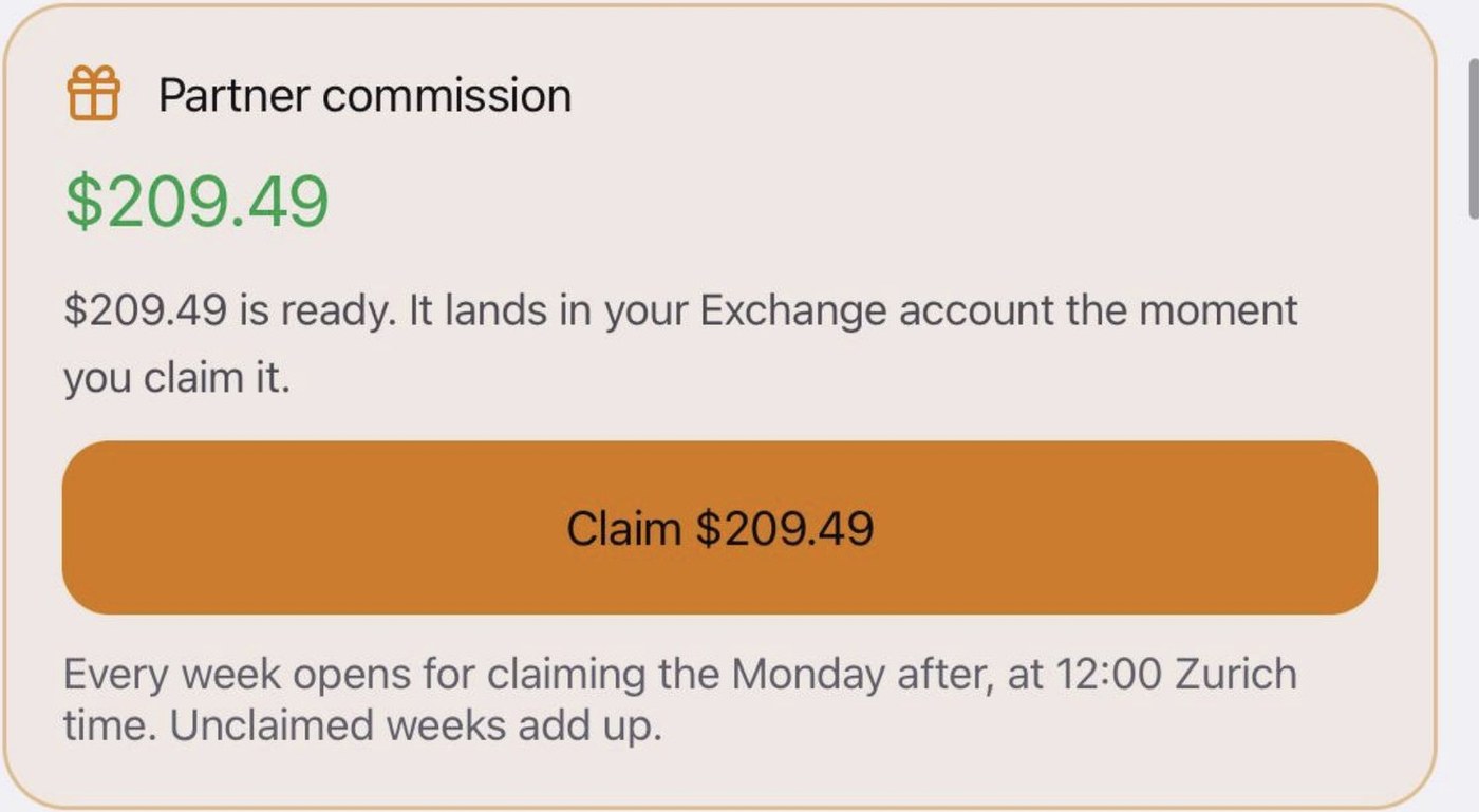 The partner commission card: the amount ready to claim, the claim button, and a note that every week opens on the Monday after.
