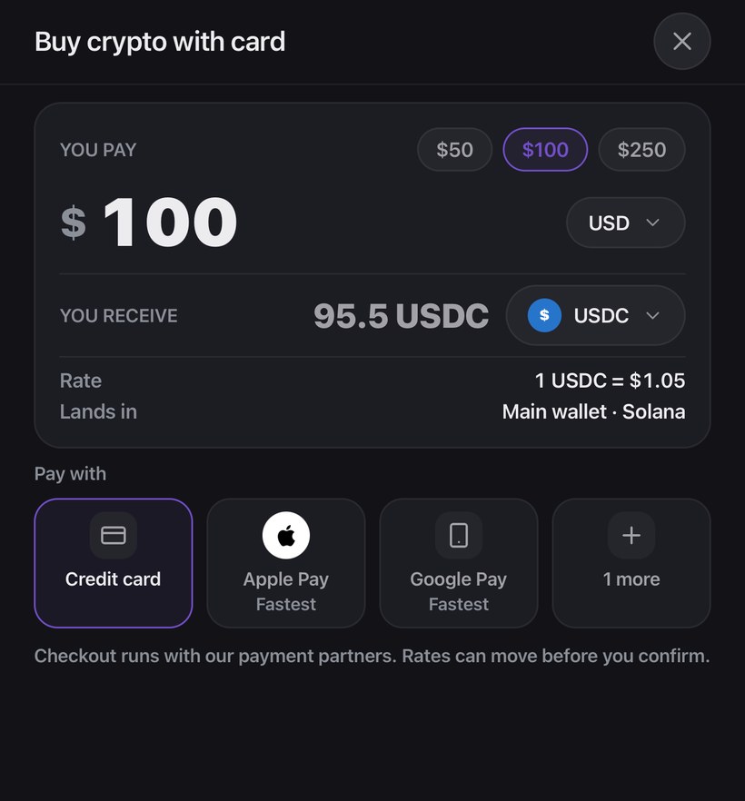 Buy crypto with card: the amount, the fiat currency picker and the pay with row showing Apple Pay and Google Pay.