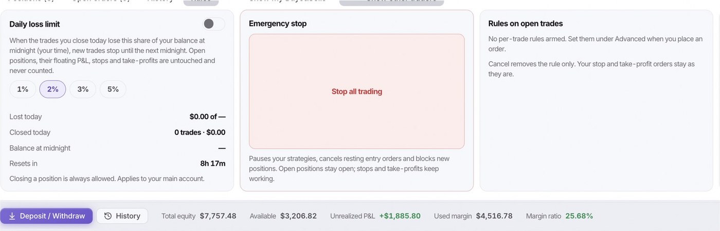 The Rules tab: daily loss limit, the emergency stop that halts all trading, and the per trade rules armed on open positions.