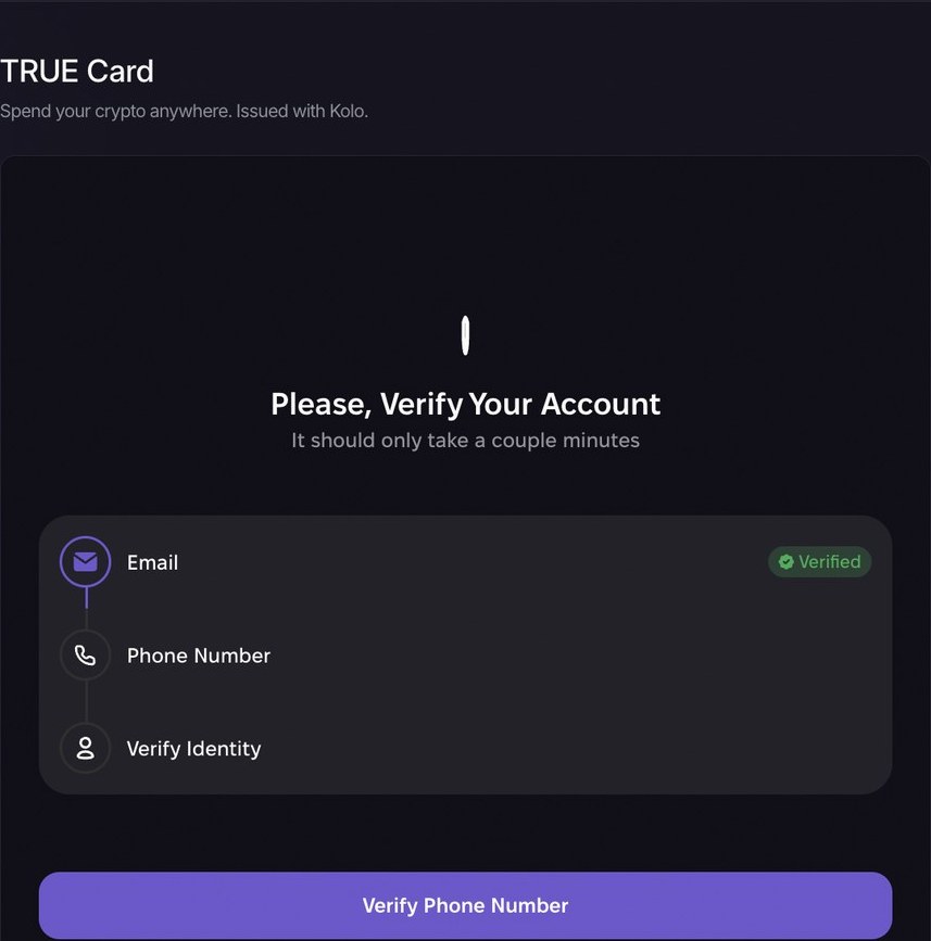 TRUE Card in preparation: the verification steps for email, phone number and identity.